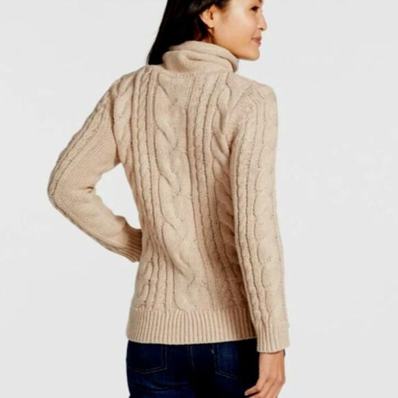 L.L. Bean Double-L Cream Fisherman Mixed Cable Knit Funnel Neck Sweater, Medium - Picture 3 of 9